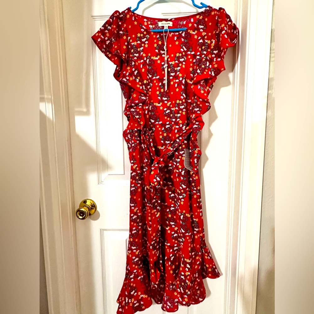 Max Sudio Red Floral with Flutter sleeves and wrap around belt waist.